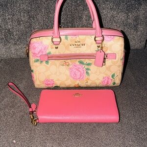Coach Beige and Pink Floral Satchel and Wallet Set
